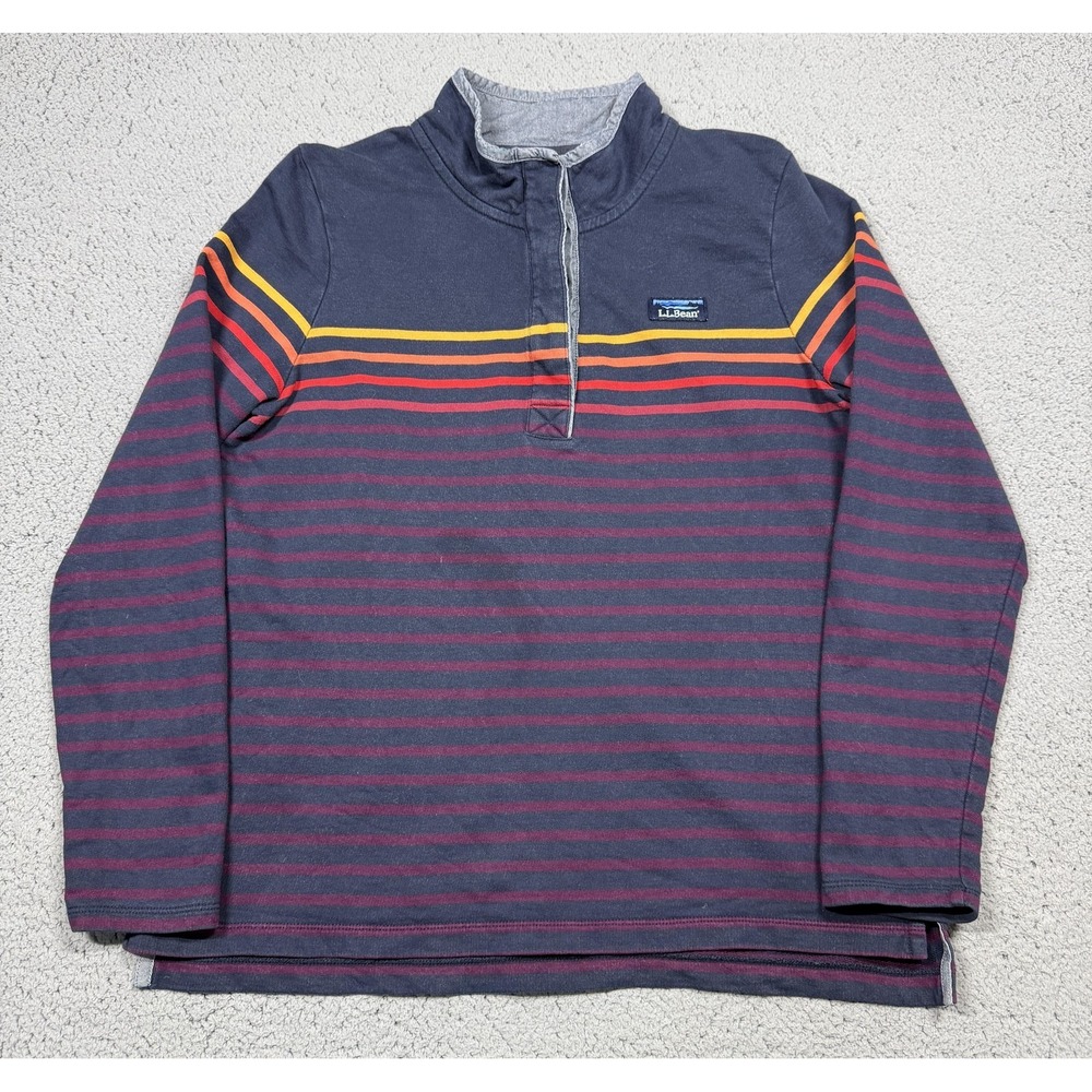 L.L. Bean Sweatshirt Mens Medium Blue Stripe 1/4 Zip‎ Mock Neck Pullover Cotton